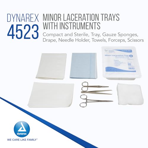 Dynarex Minor Laceration Trays with Instruments - Compact & Sterile - Tray, Gauze Sponges, Drape, Needle Holder, Towels, F...