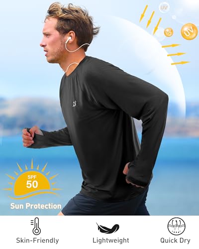 Roadbox UPF 50+ Mens Swim Shirts, Long Sleeve Sun Protection Fishing Rash Guard, Quick Dry UV Hiking Shirt with Thumbhole