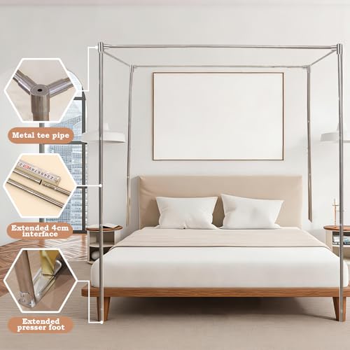 Hosercap Canopy Bed Frame Full Size, Stainless Steel Metal Bed Post Poles, Heavy Duty 4 Poster Floor Bedframe, Freestandin...