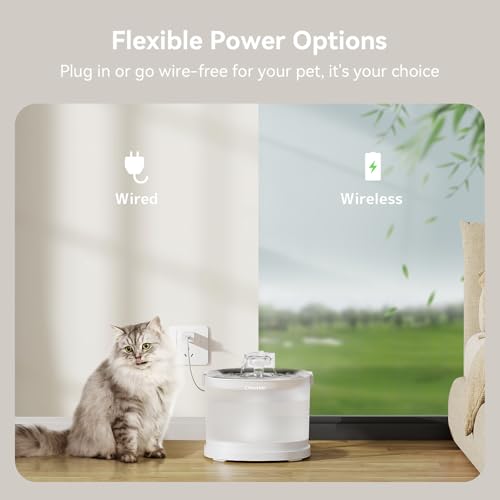 Cheerble Pumpless Pet Fountain Elfin E1+ with 9 Extra Filters, Wireless Pet Fountain Battery Operated, 2L/67oz E1+ Automat...