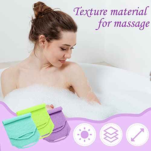 Moukeren Exfoliating Back Scrubber with Handles 4 Pack Nylon Back Exfoliator Extended Length Washers Scrubbers Stretchable Pull Strap Exfoliating Washcloth(Pink,Blue,Fluorescent Green,Purple)