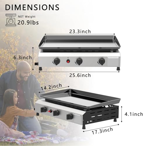 SKOK 3 Burner Outdoor Propane Griddle - 23.3 Inch, 30000 BTU, Portable Flat Top Gas Grill for Camping BBQ