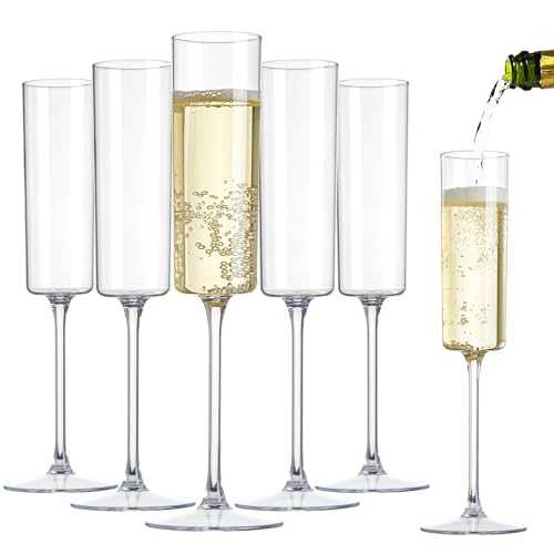 Nervure 24 Pack Plastic Champagne Flutes - 6 Oz Clear Disposable Champagne Flutes - Square Plastic Toasting Glasses for Pa...