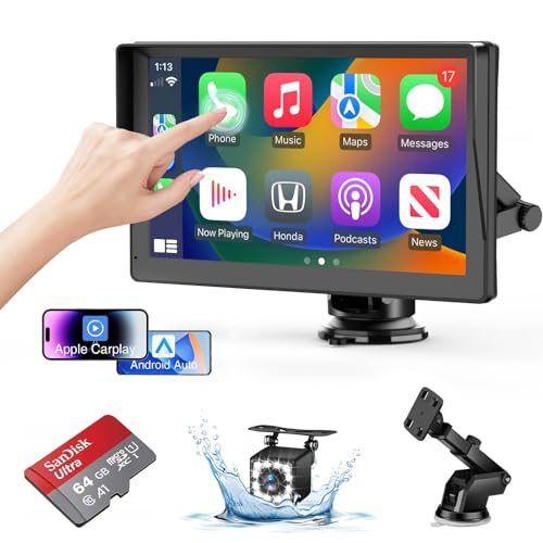 Portable Wireless Carplay Screen for Car Apple Carplay & Android Auto, 9" HD Touch Screen Car Stereo with 1080P Backup Cam...