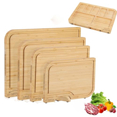 4-PCS Bamboo Cutting Board Set with Innovative Stand - Durable Double Sided Wooden Cutting Board with Juice Groove & Handl...