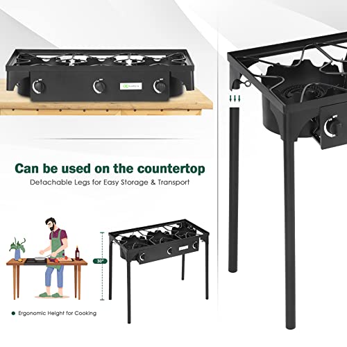 Goplus Outdoor Camping Stove, 3 Burner Propane Gas Cooker w/Detachable Legs & CSA Regulator & 0-20 PSI Regulator for Camp ...