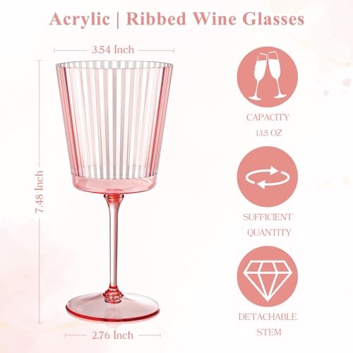 12 PCS Pink Plastic Wine Glasses with Removable Stems 13.5 Oz Pink Ribbed Wine Glasses Square White Wine Glass Muted Paste...