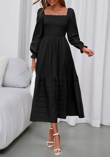 BTFBM Women Maxi Fall Dresses 2025 Long Sleeve Solid Color Square Neck Smocked Boho Long Wedding Guest Dress
