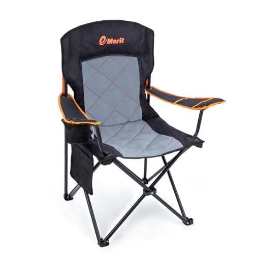 EMERIT Oversized Padded Camping Chair, 350LB Heavy Duty Quad Fold Chair with Arms, Collapsible Outdoor Chairs with Lumbar ...