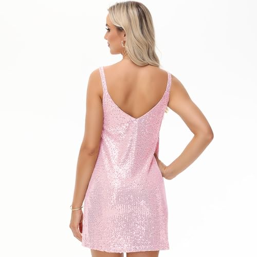 CITCAR Women's Summer Sleeveless Mini Dress Deep V-Neck Glitter Sequin Dress Sexy Short Dress