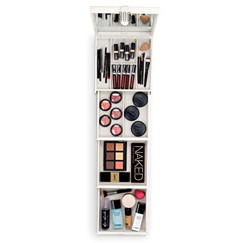 Glenor Co Makeup Organizer - Extra Large Exquisite Case w Modern Closure, 4 Drawer Trays & Full Mirror - Huge Cosmetic Storage Jewelry Box for Dresser, Counter-top & Vanity - PU Leather - White