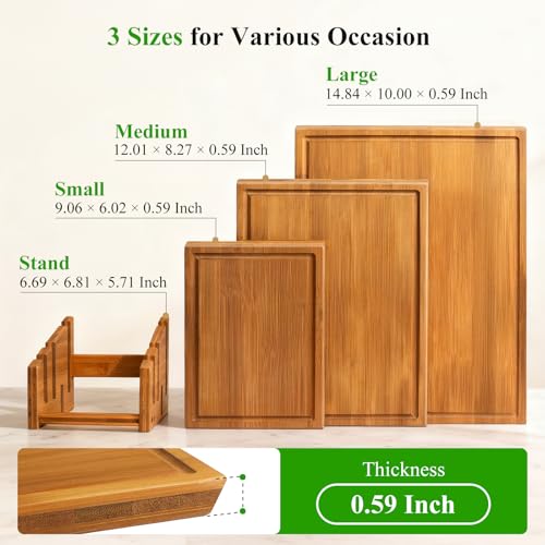 Bamboo Cutting Board Set with Stand, 3PCS Double-Sided Chopping Boards for Kitchen Meal Prep & Serving, Charcuterie, Juice...