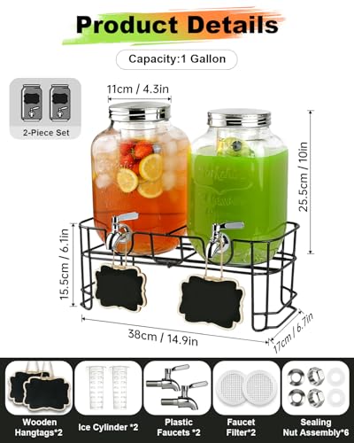 GVUHR 1 Gallon Drink Dispenser 2 Pack with Stand - Glass Beverage Dispenser for Parties, Juice, Water - Includes Spigot an...