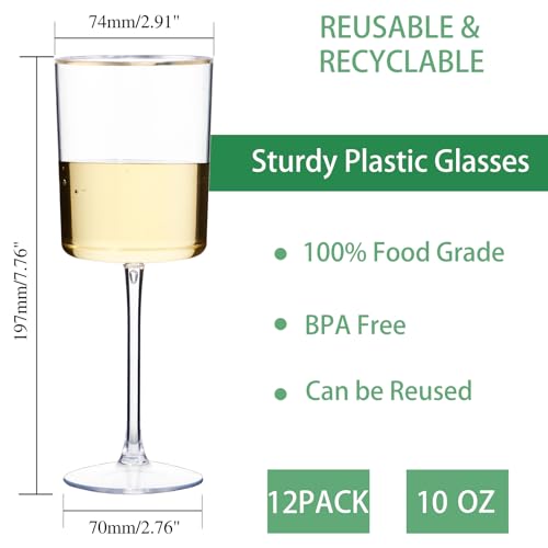 Ciaell 12 Pack Plastic Wine Glasses - 10 Oz Plastic Wine Glasses with Stem - Gold Rim Disposable Cups for Parties & Weddin...