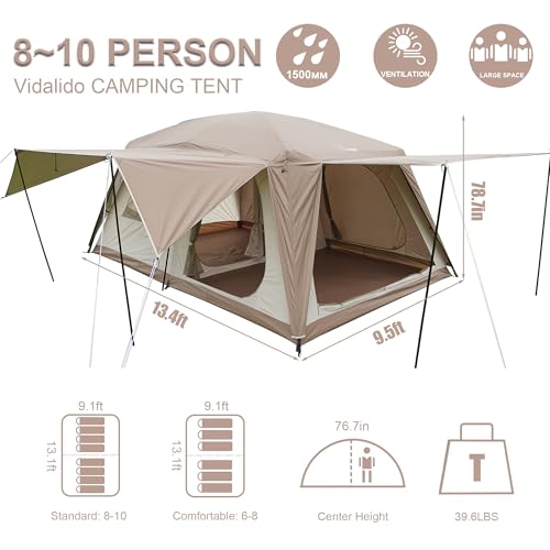 Vidalido 8-10 Person Camping Tent with 3 Door 2 Room Large Family Cabin Tents, Double Layer Waterproof Portable Glamping T...