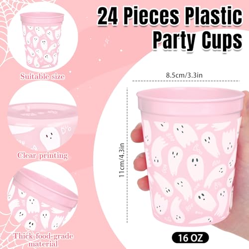 JarThenaAMCS 24 Pcs Halloween Ghost Plastic Cups Pink Cute Ghost Boo Reusable Cups Trick or Treat Party Drinkware Supplies...