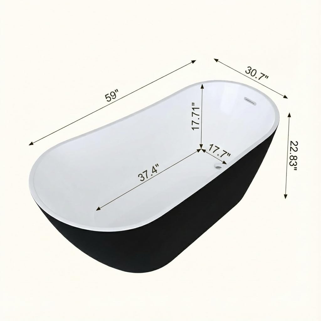 59" Acrylic Freestanding Bathtub, Contemporary Double-Walled Insulated Soaking Tub with Anti-Clog Drain & Overflow, cUPC Certified Heavy-Duty Resin Reinforcement, Black