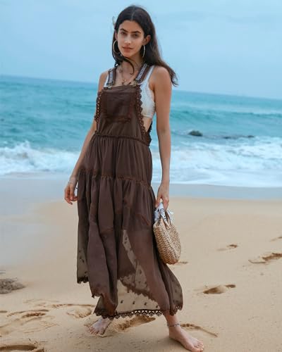 Gacaky Summer Dress for Women Casual Floral Embroidered Bohemian Dress Adjustable Straps Bib Maxi Flowy Dresses with Pockets