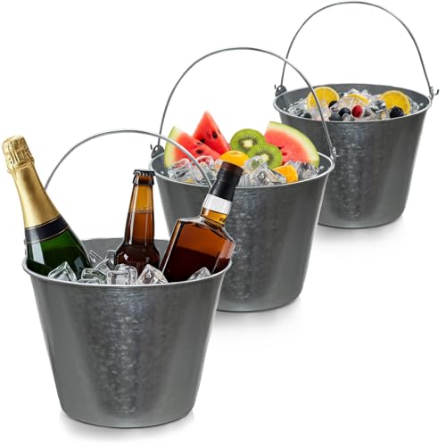 PLEXON Galvanized Metal Ice Bucket for Parties Coctail Bar Restaurant Set of 3 - Drink Beer Champagne Metal Pail Bucket wi...