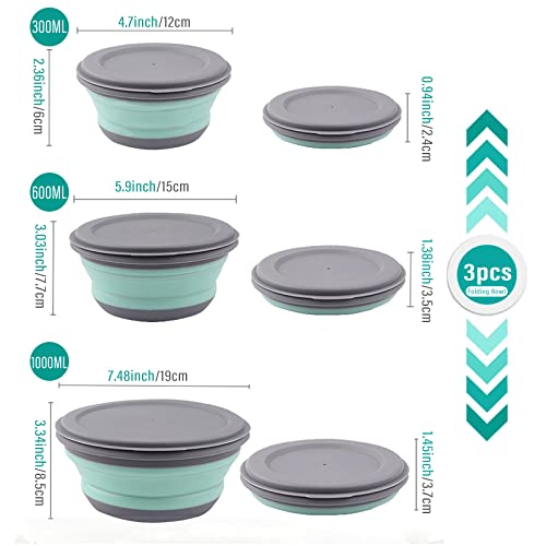 Huntoshon Collapsible Bowls, 3pcs Food Grade Silicone Camping Bowl Salad Bowl with lids, Portable Expandable Lunch Box Foo...