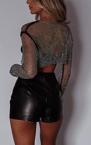 BEJONS Women Rhinestone Top Black Mesh Chain Fishnet Long Sleeve Outfit - Sparkly Crystal Rave Crop Shirt