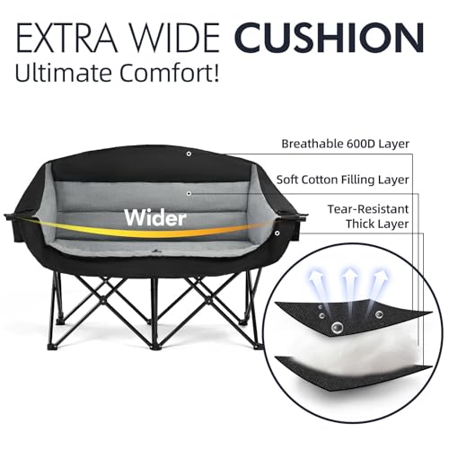 Double Camping Chair Loveseat - 2 Person Oversized Camping Couch for Adults Padded Heavy Duty Outdoor Lawn Beach Portable ...
