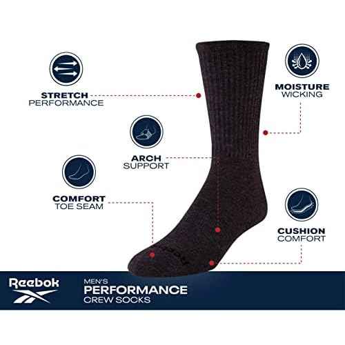 Reebok Men's Crew Socks - 10 Pack Stretch Performance Cushioned Crew Socks - Arch Support Athletic Socks for Men (6-12.5)