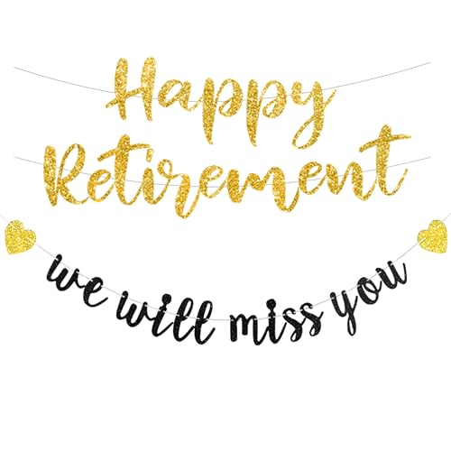 Pre-strung Happy Retirement & We will miss you Banner, Pre-strung on 8 ft Strand Black Gold Glitter Retirement Party Decor...