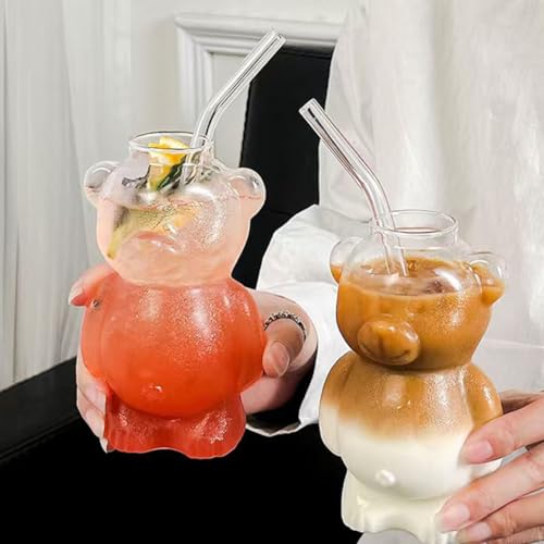 Bearista Glass Straw Cup Cute Bear with 2025 New Teddy Lid Kawaii Bears Shaped Cups for Coffee Smoothie Beer Cocktail Safe...
