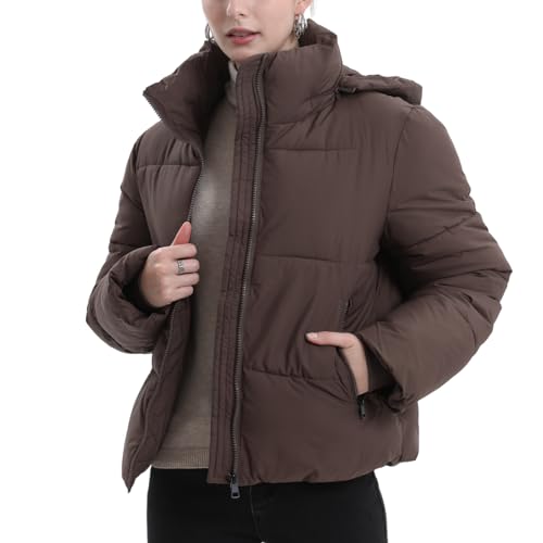 PUFFIT Women's Cropped Puffer Jackets,Warm Winter Jacket with Removable Hood,Zipped Pockets,Short Ladies Quilted Coat