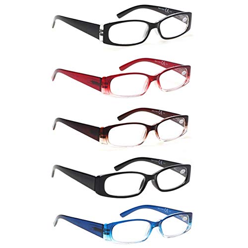 5 Pack Spring Hinge Reading Glasses Rectangular Fashion Quality Readers for Men and Women (5 Pack Mix, 1.25)Medium