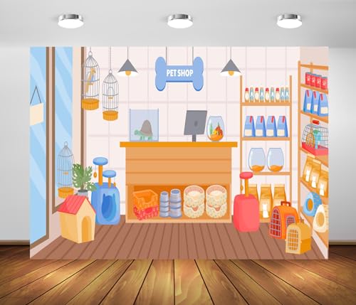 BELECO 5x3ft Fabric Cartoon Pet Shop Backdrop Pet Store with Doghouse Birds Cage Fish Tank Animals Food Photography Backgr...