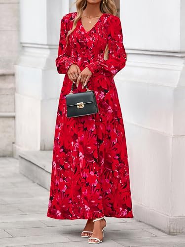 BTFBM Women Fall Wedding Guest Maxi Dresses 2025 Floral V Neck Long Sleeve Boho Long Dress Vacation