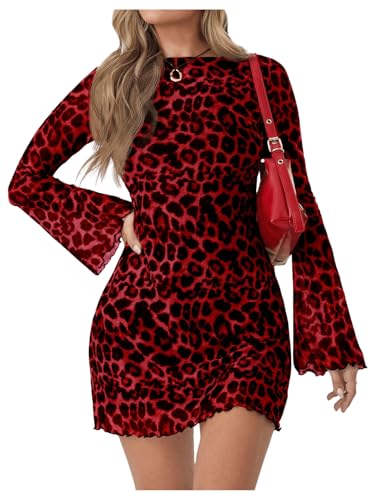 Milumia Women's Leopard Print Mini Dress Y2k Bell Long Sleeve Cheetah Short Dresses Going Out Party Clubbing Outfits
