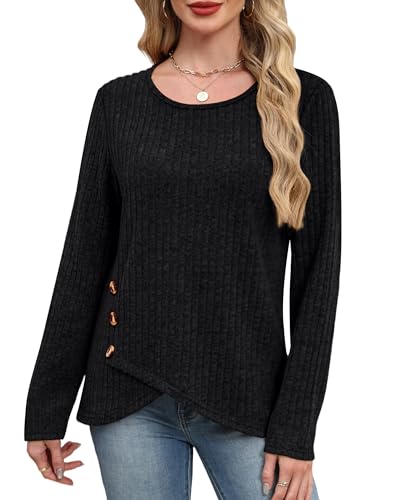XIEERDUO Tunic Sweaters for Women Long Sleeve Shirts Crew Neck Tops with Buttons Fall Fashion Outfits Winter Clothing
