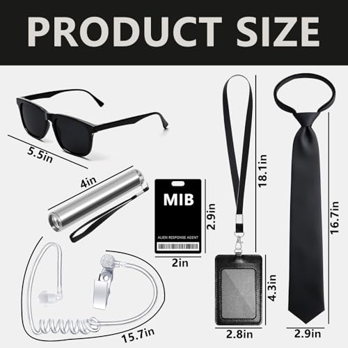 Asekonc 6 Pcs Agent Costume Secret Service Costume Set Spy Costume Accessories for Halloween Men Women Black Outfit