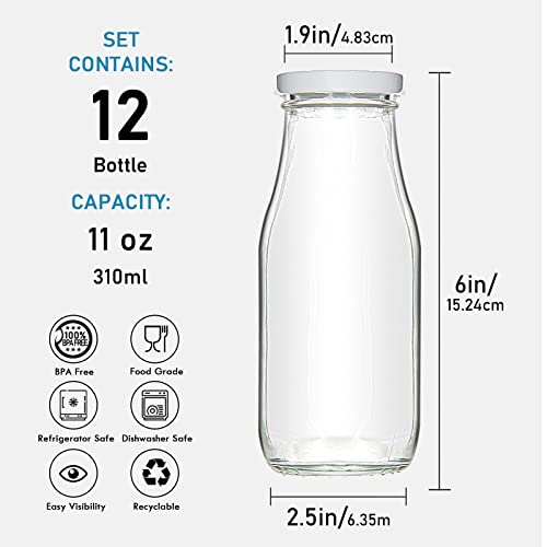 YEBODA 11oz Glass Milk Bottles with Reusable Metal Twist Lids and Straws for Beverage Glassware and Drinkware Parties, Wed...