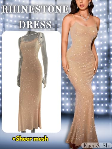 Kaei&Shi Rhinestone Mesh Dress,Glitter Sparkly Embellished Sheer Maxi Dresses,Sexy Birthday Outfit for Women Cocktail Party