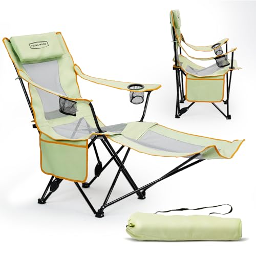 YOUNG WOOD Camping Lounge Chair, Portable Reclining Camping Chair with Foot Rest, Folding Camping Chair for Adults, Headre...