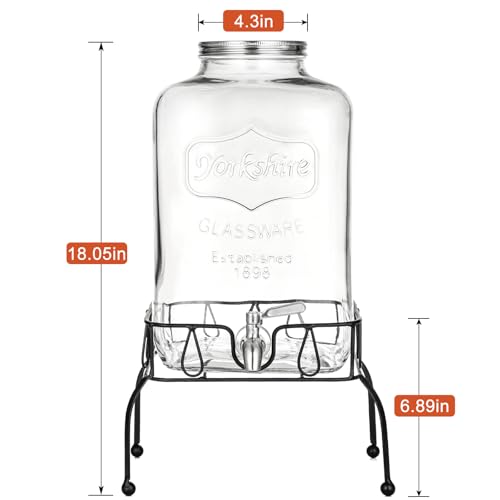 2 Gallon Glass Drink Dispenser with Stand, Stainless Steel Leakproof Spigot and Lid, Glass Drink Dispensers for Parties, W...