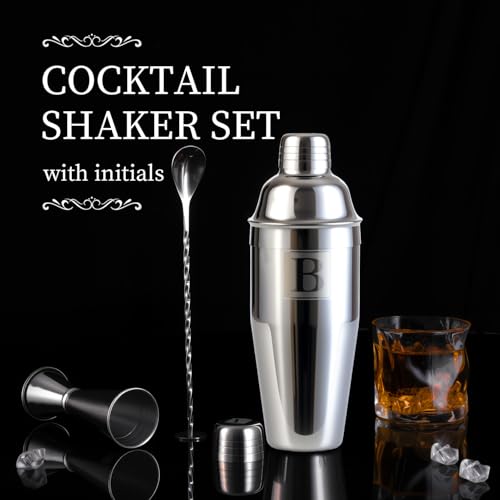 Thecosky 24oz Cocktail Shaker Set with Minimun 1/8oz Scale 1 oz 2oz Jigger - Monogramm Initials Martini Shaker Set - 304 S...