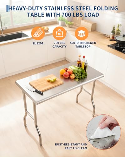 Commercial Stainless Steel Folding Table，48 x 24 Inch Heavy-Duty Kitchen Island Folding Commercial Prep Table for Food, Re...
