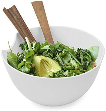Nambe Quatro Salad Bowl with Servers Set | Large Serving Bowl with Wooden Utensils | Made of Acacia Wood and Fine Bone China | Measures 11-Inches | Dishwasher Safe (White)