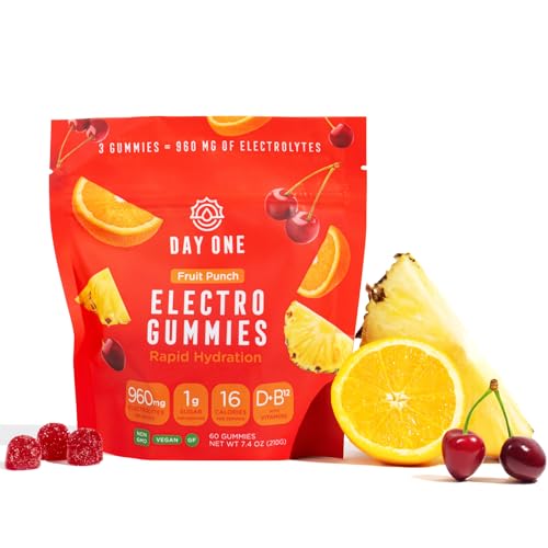 Day One Electrogummies - 60pcs. of Fruit Punch Flavored Electrolyte Gummies for Hydration and Recovery - Packed with Essen...