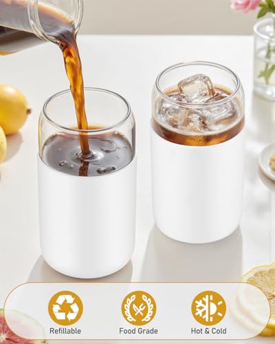sungwoo Glass Cups with Lids and Straws, 4 Pack 16OZ Iced Coffee Cups with Silicone Sleeve, Glass Tumbler with Straw and B...
