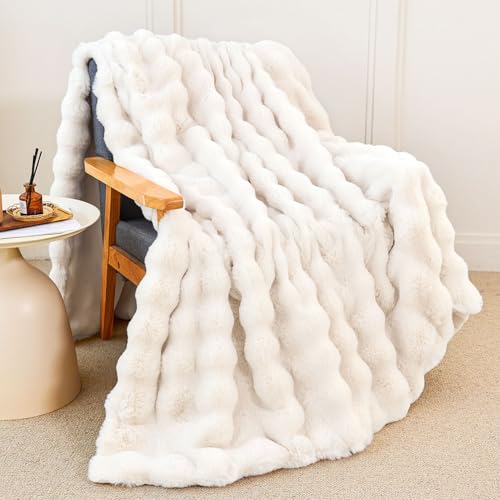 Faux Rabbit Fur Throw Blanket for Couch, Fluffy Warm Plush Thick Bubble Blanket for Bed Sofa Living Room, Soft Cozy Furry ...