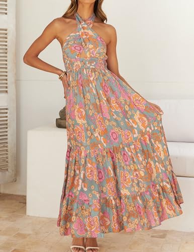 ZESICA Women's 2026 Summer Crossover Halter Neck Sleeveless Plaid Cut Out Backless Flowy A Line Maxi Dress