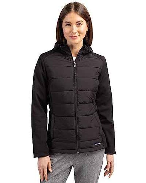 Cutter & Buck Evoke Hybrid Eco Softshell Recycled Full Zip Womens Hooded Jacket, Black, S