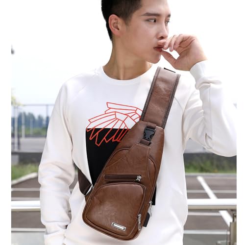 PU Sling Bag Mens Crossbody Bags Chest Bag Daypack Backpack for Men with USB Charge Port Earphone Hole Travel Outdoor Camping