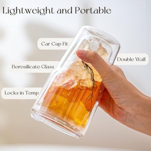 KEMORELA 2 Pack Double Wall Borosilicate Glass Tumblers with Lids and Straws, 16oz Insulated Iced Coffee Cups, Reusable Sm...